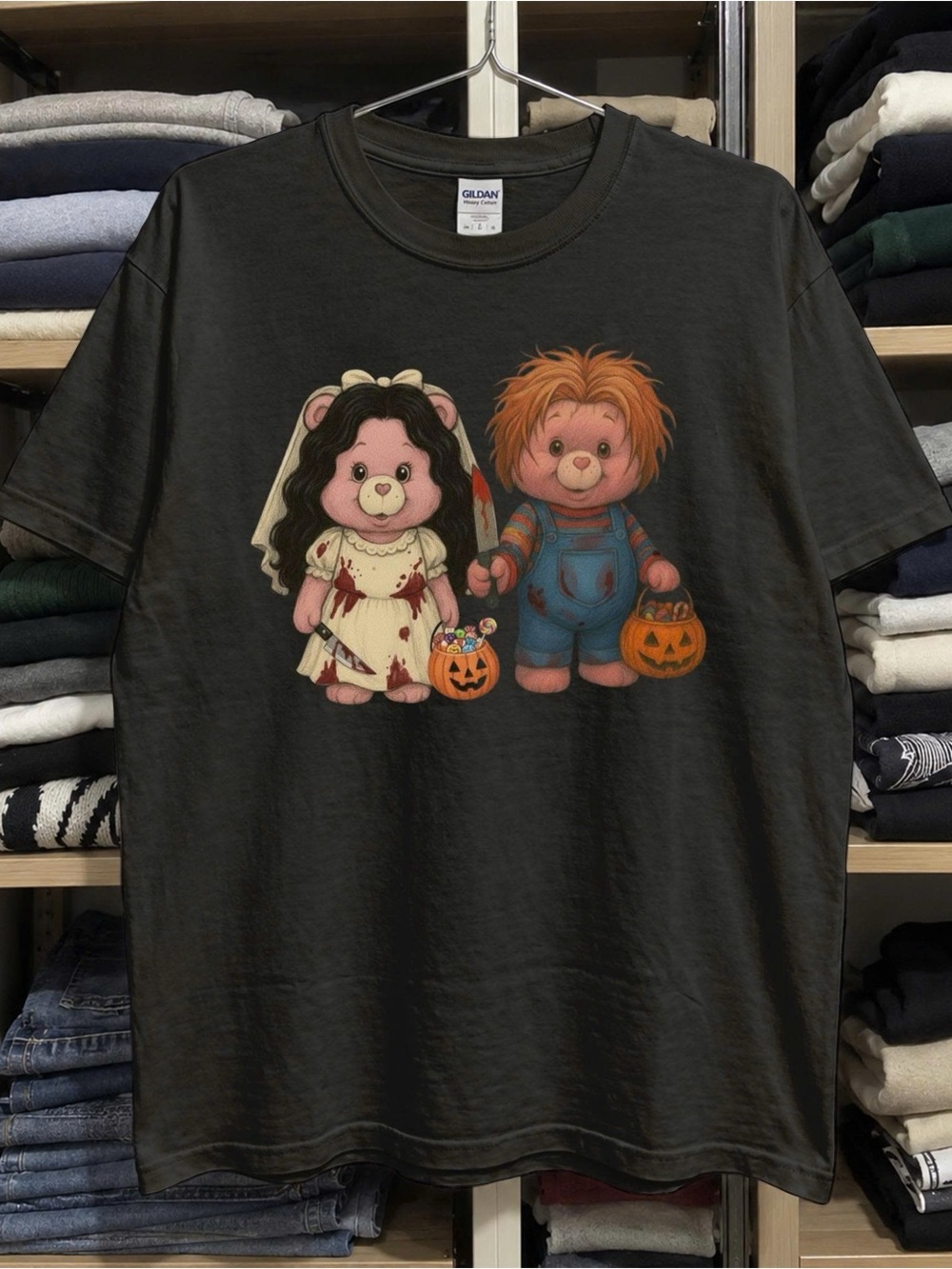 Halloween Bear Couple Graphic Tee Spooky Cute Pumpkin Unisex T-shirt
